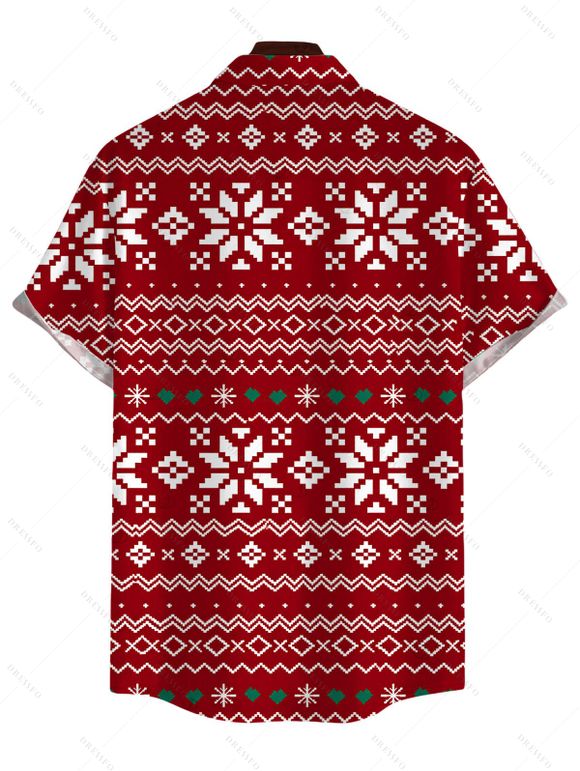 Men's Holiday Party Shirt Christmas Elements Snowflake Print Button Up Short Sleeve Shirt - Rouge 5XL