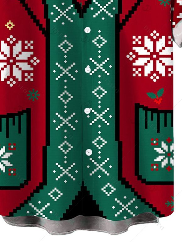 Men's Holiday Party Shirt Christmas Elements Snowflake Print Button Up Short Sleeve Shirt - Rouge 5XL