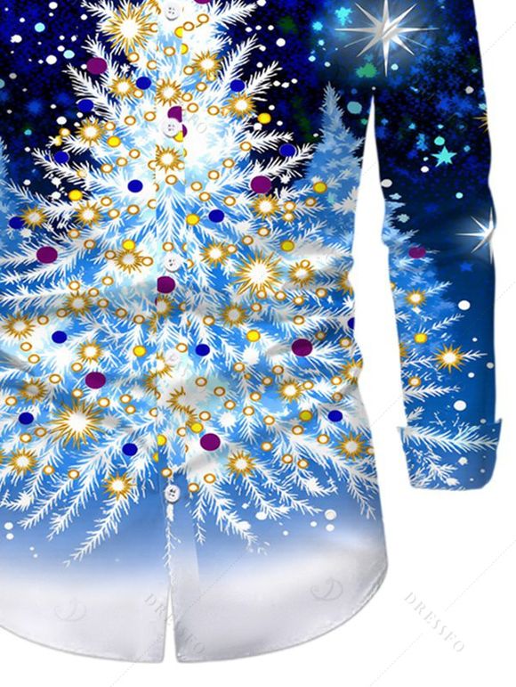 Men's Christmas Shirt Starry Sky Christmas Tree Print Button Up Long Sleeve Holiday Shirt - Bleu S