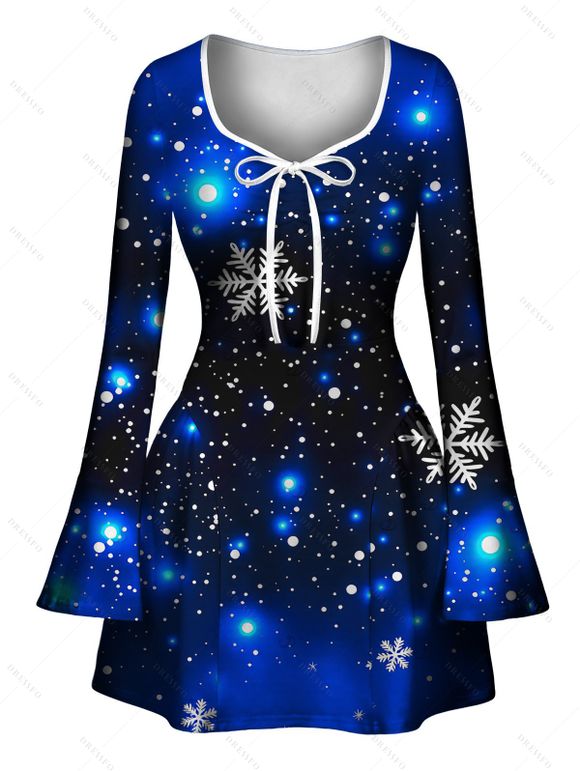 Christmas Couple Outfit Starry Sky Snowflake Print Bowknot Bell Sleeve A Line Dress and Long Sleeve Shirt Holiday Set - Bleu profond S | US 4