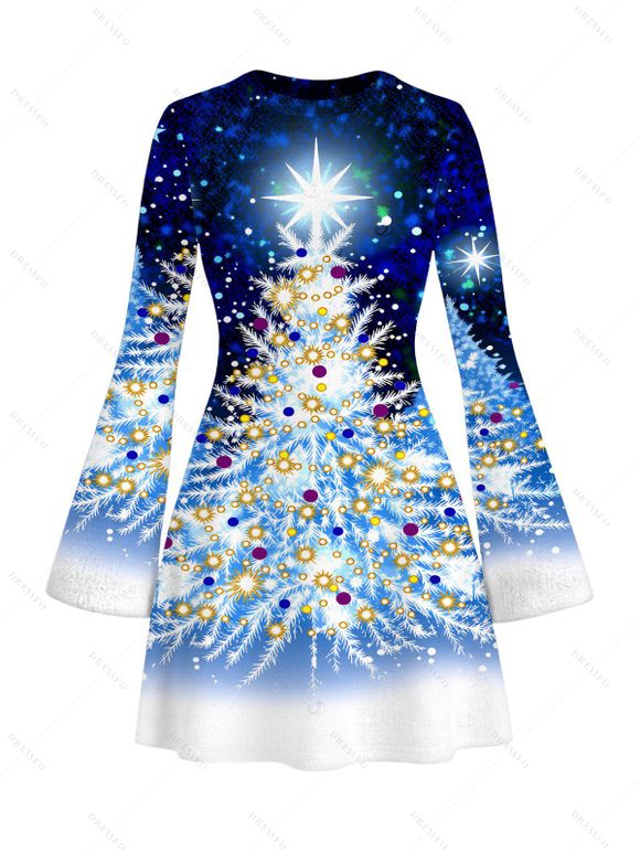 Christmas Dress Starry Sky Christmas Tree Print Bell Sleeve A Line Holiday Dress - Bleu L | US 8-10