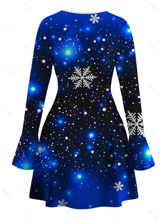 Christmas Couple Outfit Starry Sky Snowflake Print Bowknot Bell Sleeve A Line Dress and Long Sleeve Shirt Holiday Set - Bleu profond S | US 4