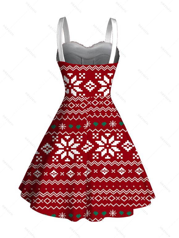 Vintage Christmas Dress Snowflake Zig Zag Geometric Print Faux Fur A Line Holiday Dress - Rouge S | US 4