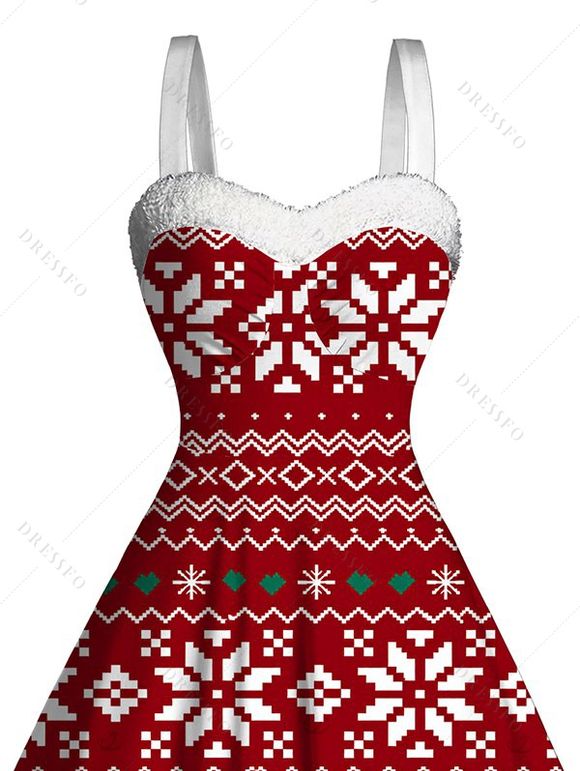 Vintage Christmas Dress Snowflake Zig Zag Geometric Print Faux Fur A Line Holiday Dress - Rouge S | US 4