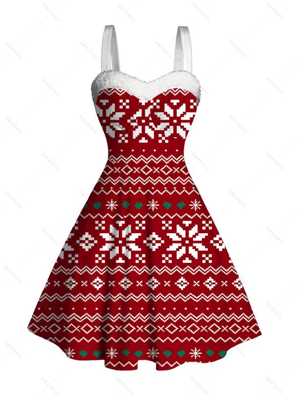 Holiday Couple Outfit Snowflake Zig Zag Geometric Print Faux Fur Dress and Christmas Elements Print Shirt Set - Rouge S | US 4