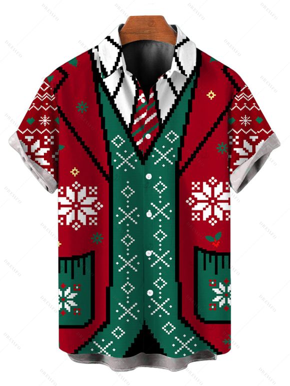 Holiday Couple Outfit Snowflake Zig Zag Geometric Print Faux Fur Dress and Christmas Elements Print Shirt Set - Rouge S | US 4