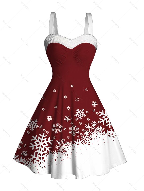 Christmas Couple Outfit Contrast Color Snowflake Print Faux Fur A Line Dress and Short Sleeve Shirt Holiday Set - Rouge Vineux S | US 4