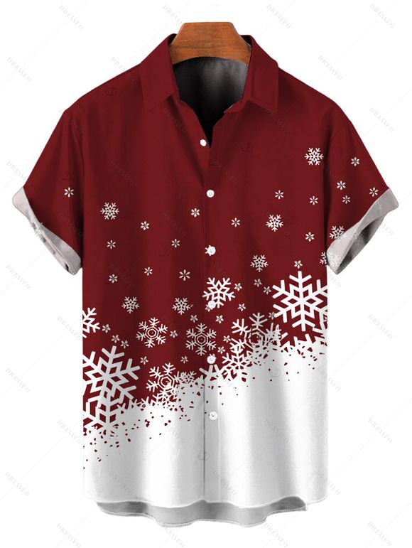 Christmas Couple Outfit Contrast Color Snowflake Print Faux Fur A Line Dress and Short Sleeve Shirt Holiday Set - Rouge Vineux S | US 4