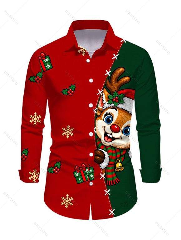Christmas Couple Outfit Contrast Color Cartoon Elk Snowflake Gift Print Bell Sleeve A Line Dress and Long Sleeve Shirt Holiday Set - multicolor S | US 4