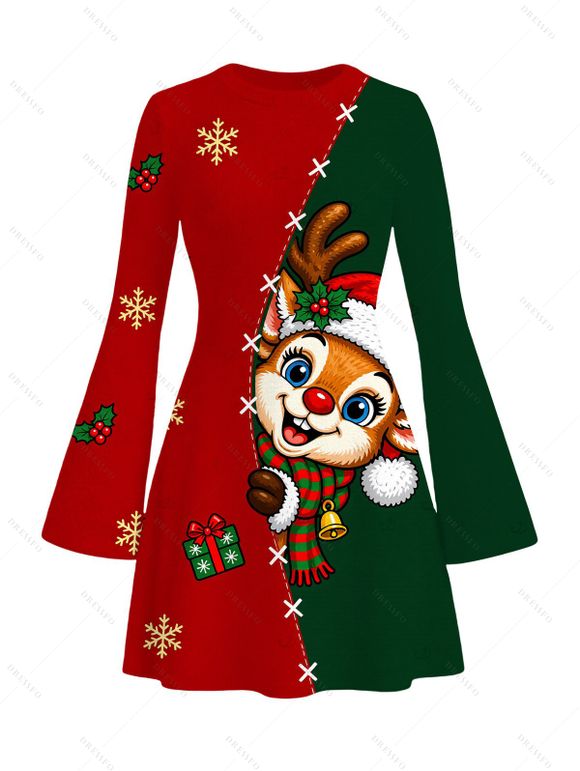 Christmas Couple Outfit Contrast Color Cartoon Elk Snowflake Gift Print Bell Sleeve A Line Dress and Long Sleeve Shirt Holiday Set - multicolor S | US 4