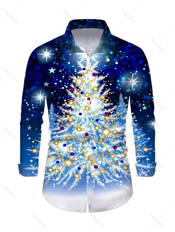 Holiday Couple Outfit Starry Sky Christmas Tree Print Bell Sleeve A Line Dress and Long Sleeve Shirt Set - Bleu S | US 4