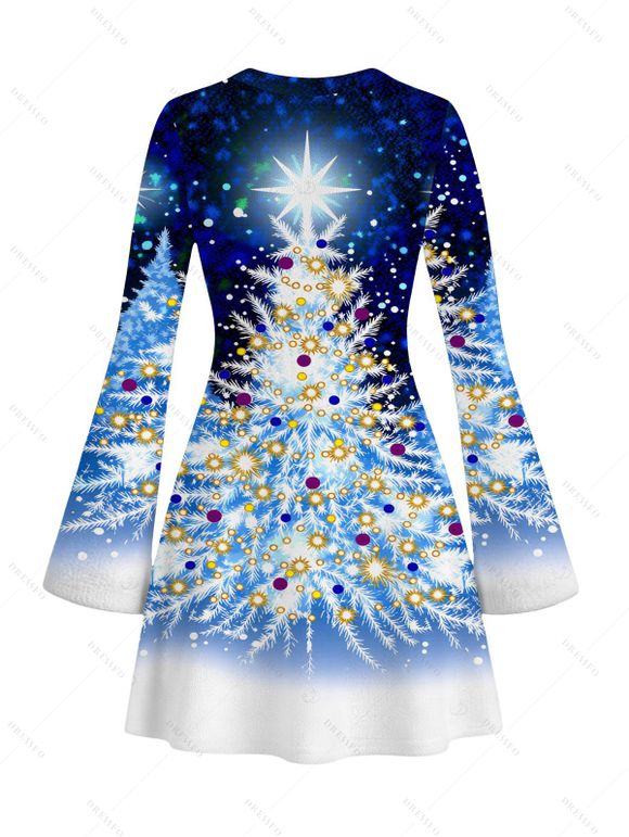 Holiday Couple Outfit Starry Sky Christmas Tree Print Bell Sleeve A Line Dress and Long Sleeve Shirt Set - Bleu S | US 4