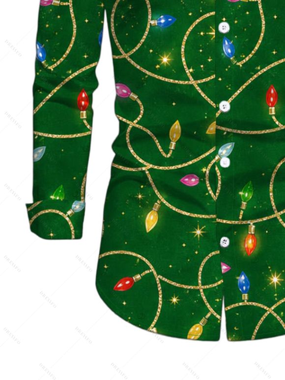Men's Christmas Shirt Colored LED String Lights Print Button Up Long Sleeve Holiday Shirt - PLANT GREEN 5XL