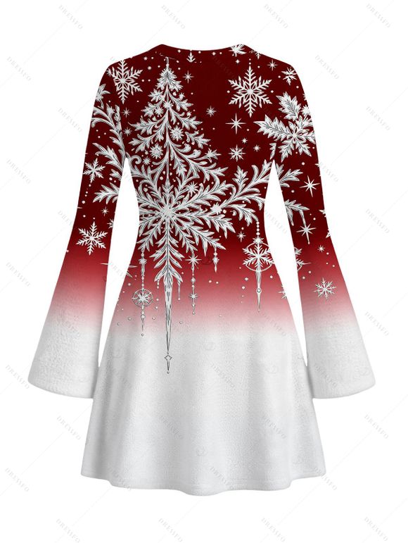 Holiday Dress Christmas Tree Snowflake Ombre Print Bell Sleeve A Line Dress - Rouge Vineux XL | US 12