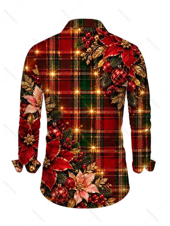 Men's Christmas Shirt Red Green Plaid Poinsettia Floral Print Button Up Long Sleeve Holiday Shirt - Rouge foncé 5XL