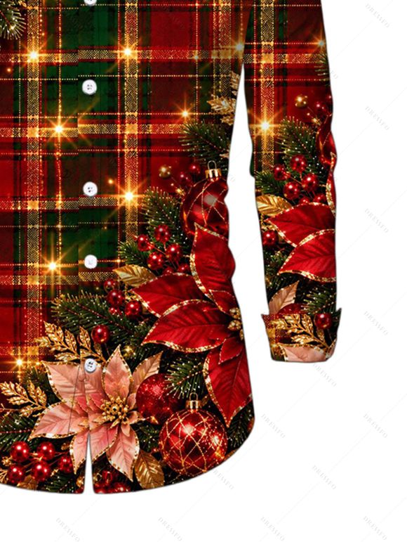 Men's Christmas Shirt Red Green Plaid Poinsettia Floral Print Button Up Long Sleeve Holiday Shirt - Rouge foncé 5XL