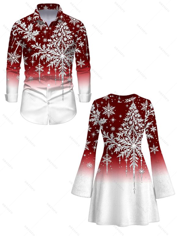 Holiday Couple Outfit Christmas Tree Snowflake Ombre Print Bell Sleeve A Line Dress and Long Sleeve Shirt Set - Rouge Vineux S | US 4
