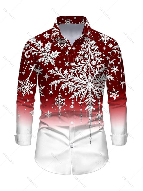 Holiday Couple Outfit Christmas Tree Snowflake Ombre Print Bell Sleeve A Line Dress and Long Sleeve Shirt Set - Rouge Vineux S | US 4
