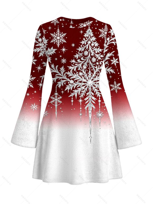 Holiday Couple Outfit Christmas Tree Snowflake Ombre Print Bell Sleeve A Line Dress and Long Sleeve Shirt Set - Rouge Vineux S | US 4