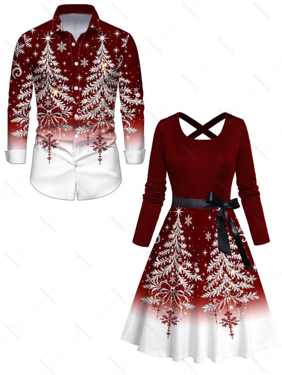 Christmas Couple Outfit Contrast Color Christmas Tree Print Crossover Belt A Line Dress and Long Sleeve Shirt Holiday Set - Rouge Vineux S | US 4