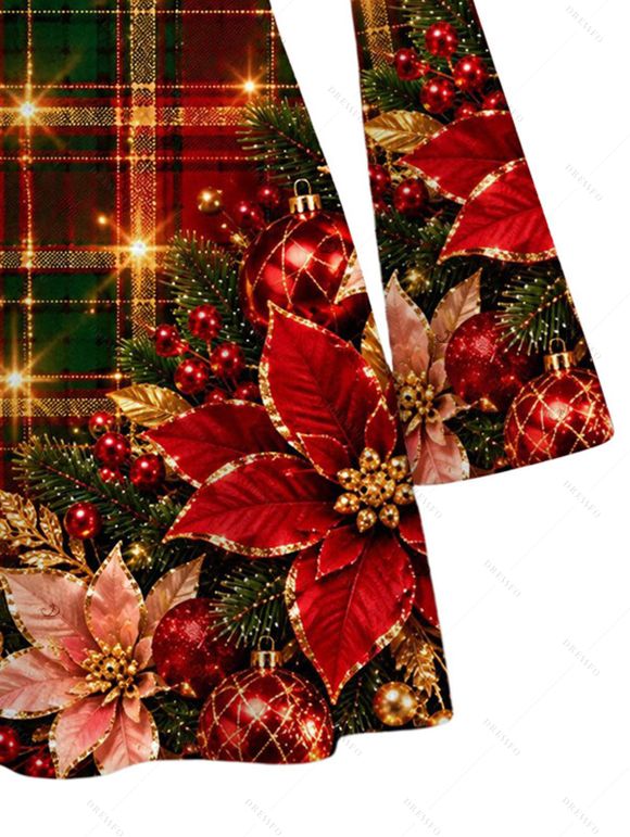Christmas Party Dress Red Green Plaid Poinsettia Floral Print Bell Sleeve A Line Holiday Dress - Rouge foncé M | US 6