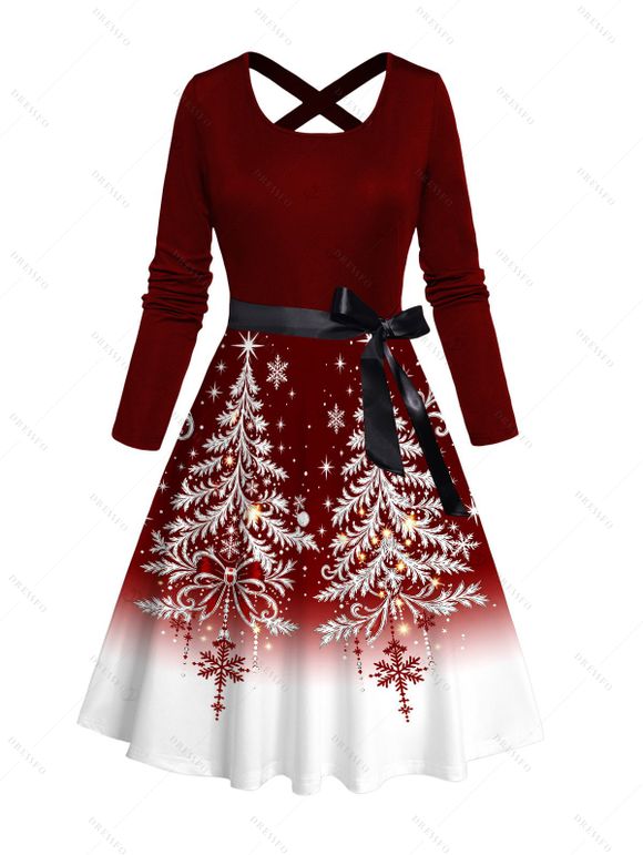 Christmas Couple Outfit Contrast Color Christmas Tree Print Crossover Belt A Line Dress and Long Sleeve Shirt Holiday Set - Rouge Vineux S | US 4