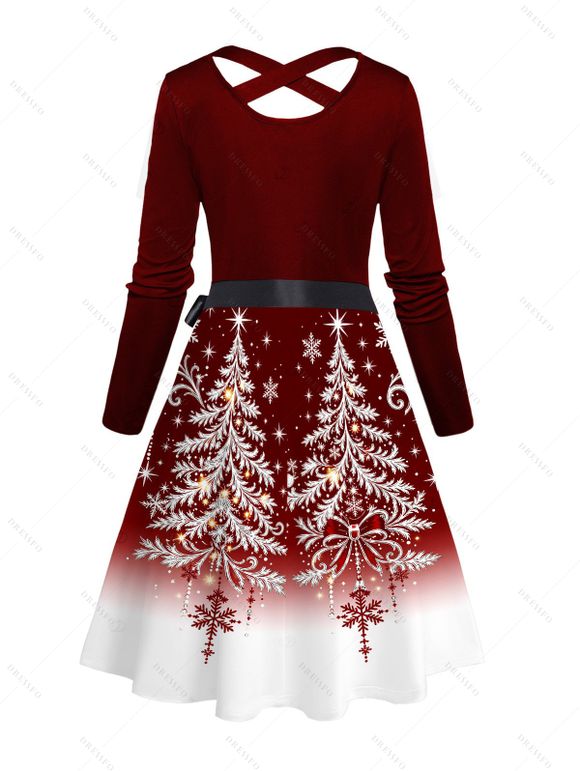 Christmas Couple Outfit Contrast Color Christmas Tree Print Crossover Belt A Line Dress and Long Sleeve Shirt Holiday Set - Rouge Vineux S | US 4