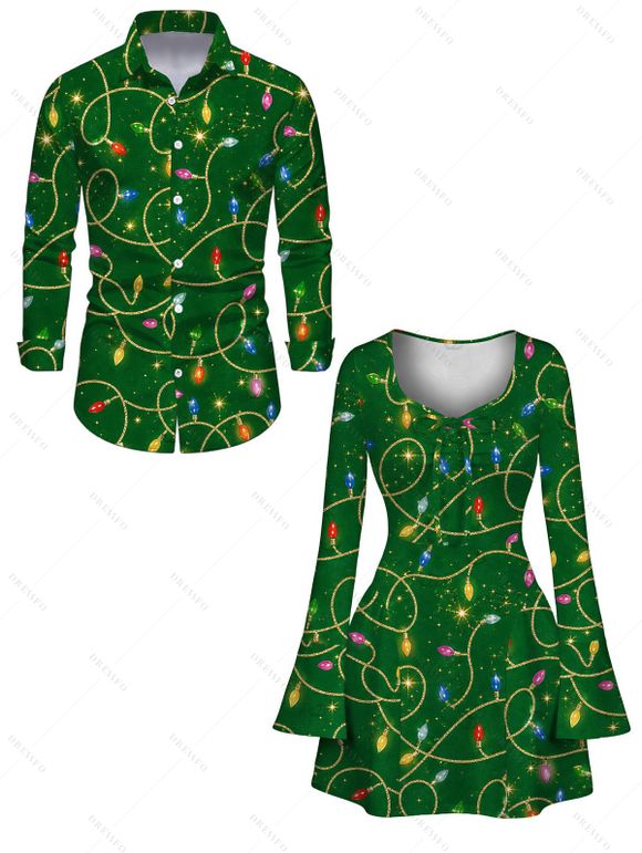 Christmas Couple Outfit Colored LED String Lights Print Bell Sleeve A Line Dress and Long Sleeve Shirt Holiday Set - PLANT GREEN S | US 4