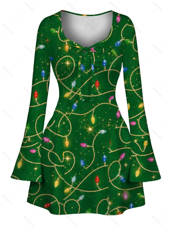 Christmas Couple Outfit Colored LED String Lights Print Bell Sleeve A Line Dress and Long Sleeve Shirt Holiday Set - PLANT GREEN S | US 4