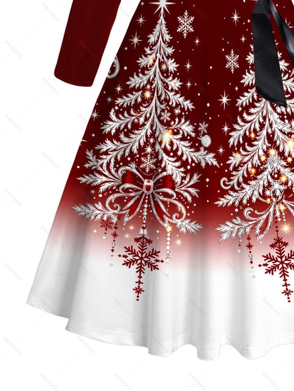 Christmas Couple Outfit Contrast Color Christmas Tree Print Crossover Belt A Line Dress and Long Sleeve Shirt Holiday Set - Rouge Vineux S | US 4