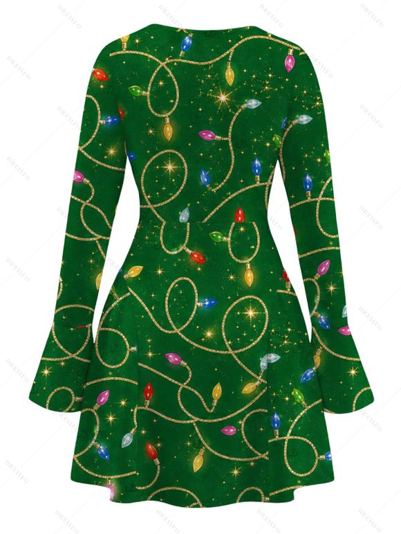 Christmas Couple Outfit Colored LED String Lights Print Bell Sleeve A Line Dress and Long Sleeve Shirt Holiday Set - PLANT GREEN S | US 4