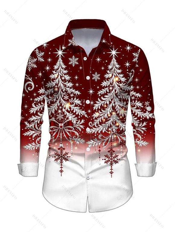 Christmas Couple Outfit Contrast Color Christmas Tree Print Crossover Belt A Line Dress and Long Sleeve Shirt Holiday Set - Rouge Vineux S | US 4