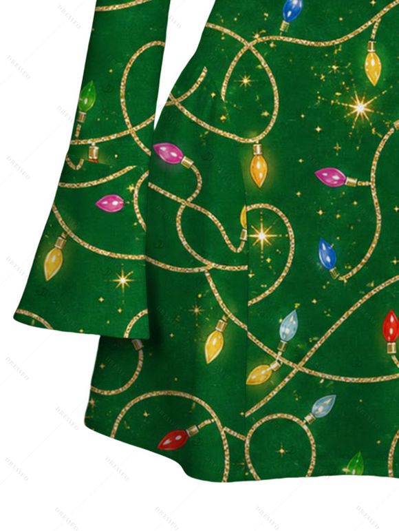 Christmas Couple Outfit Colored LED String Lights Print Bell Sleeve A Line Dress and Long Sleeve Shirt Holiday Set - PLANT GREEN S | US 4