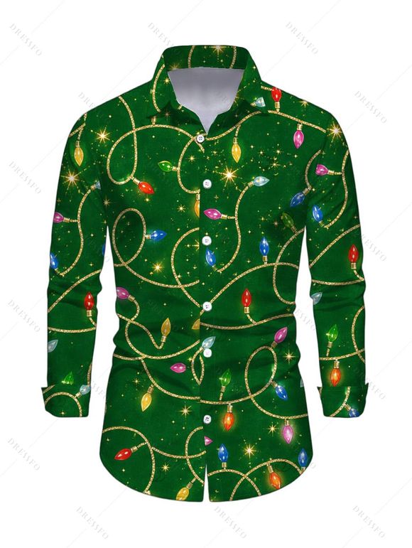 Christmas Couple Outfit Colored LED String Lights Print Bell Sleeve A Line Dress and Long Sleeve Shirt Holiday Set - PLANT GREEN S | US 4