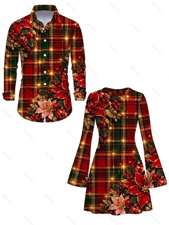 Christmas Couple Outfit Red Green Plaid Poinsettia Floral Print Bell Sleeve A Line Dress and Long Sleeve Shirt Holiday Set - Rouge foncé S | US 4