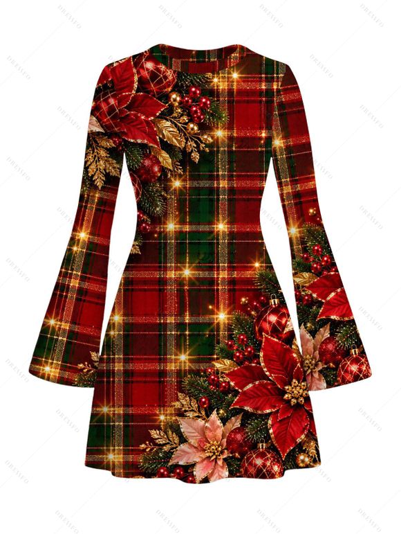 Christmas Couple Outfit Red Green Plaid Poinsettia Floral Print Bell Sleeve A Line Dress and Long Sleeve Shirt Holiday Set - Rouge foncé S | US 4