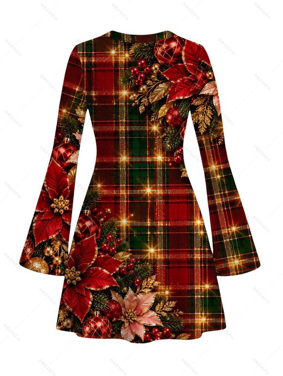 Christmas Couple Outfit Red Green Plaid Poinsettia Floral Print Bell Sleeve A Line Dress and Long Sleeve Shirt Holiday Set - Rouge foncé S | US 4