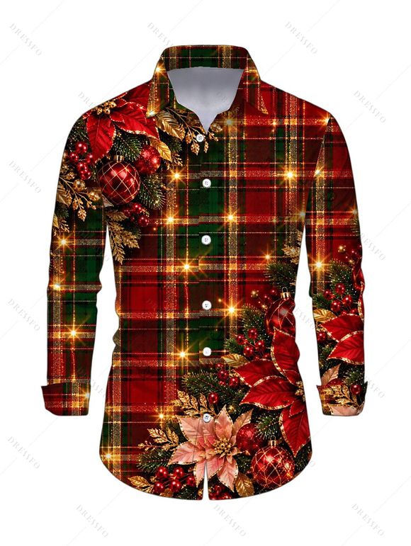 Christmas Couple Outfit Red Green Plaid Poinsettia Floral Print Bell Sleeve A Line Dress and Long Sleeve Shirt Holiday Set - Rouge foncé S | US 4