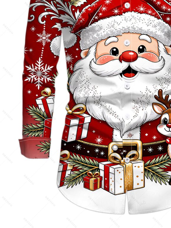 Men's Christmas Shirt Cartoon Santa Claus Elk Snowflake Print Button Up Long Sleeve Holiday Shirt - Rouge Vineux 5XL