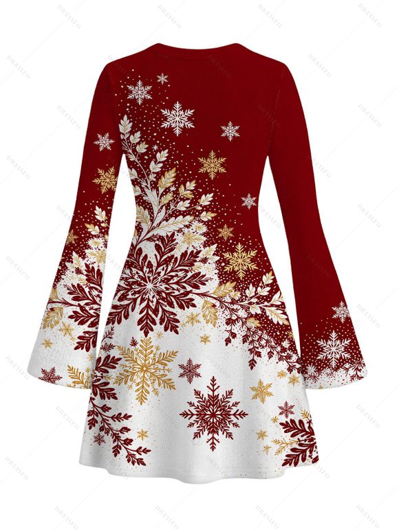 Christmas Dress Ombre Snowflake Print Bell Sleeve A Line Holiday Dress - Rouge Vineux M | US 6