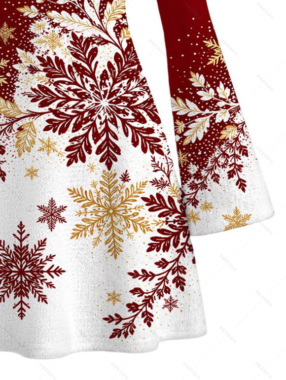 Christmas Dress Ombre Snowflake Print Bell Sleeve A Line Holiday Dress - Rouge Vineux M | US 6