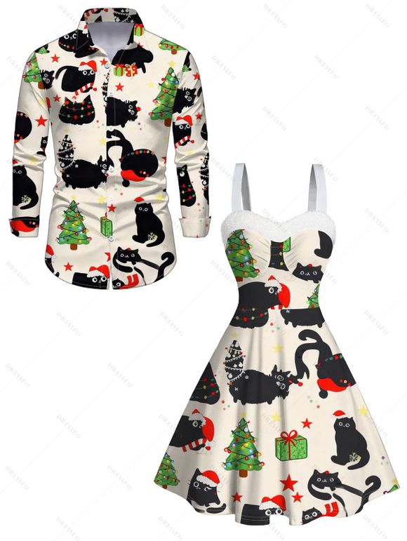 Christmas Couple Outfit Black Cat with Hat Christmas Tree Print Faux Fur A Line Dress and Long Sleeve Shirt Holiday Set - Beige S | US 4