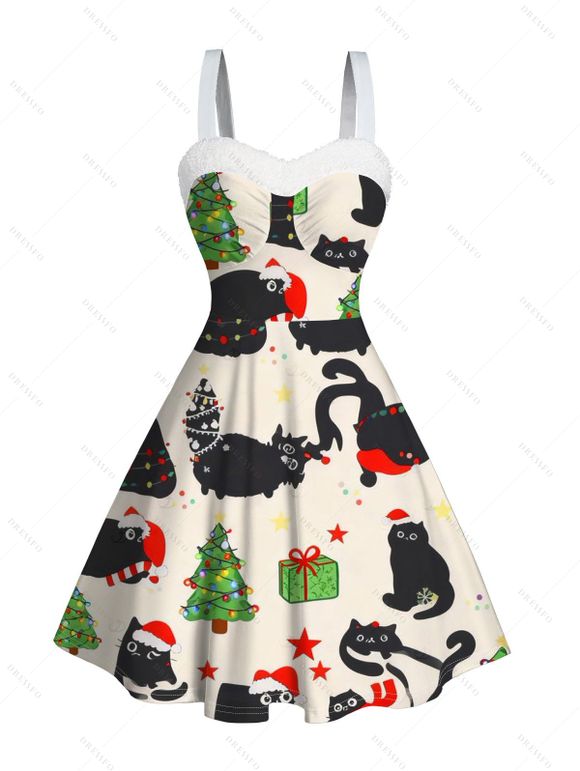Christmas Couple Outfit Black Cat with Hat Christmas Tree Print Faux Fur A Line Dress and Long Sleeve Shirt Holiday Set - Beige S | US 4