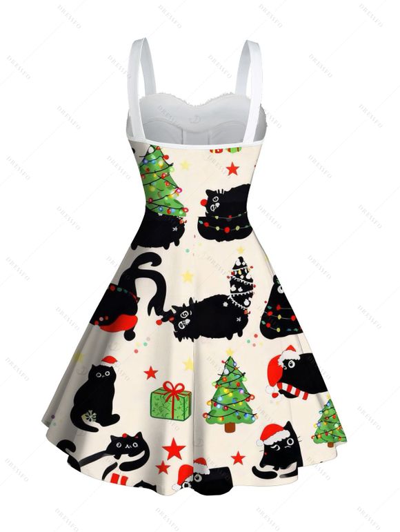 Christmas Couple Outfit Black Cat with Hat Christmas Tree Print Faux Fur A Line Dress and Long Sleeve Shirt Holiday Set - Beige S | US 4