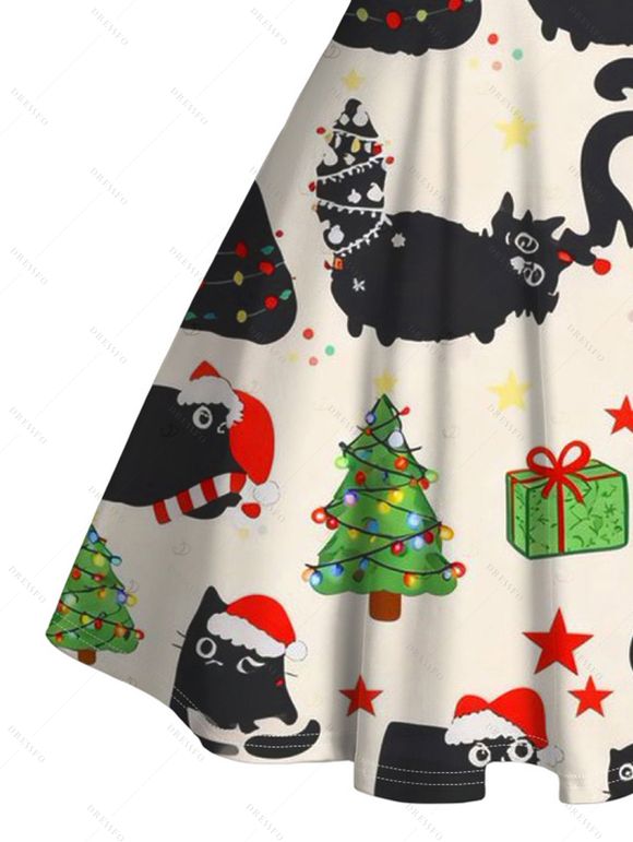 Christmas Couple Outfit Black Cat with Hat Christmas Tree Print Faux Fur A Line Dress and Long Sleeve Shirt Holiday Set - Beige S | US 4