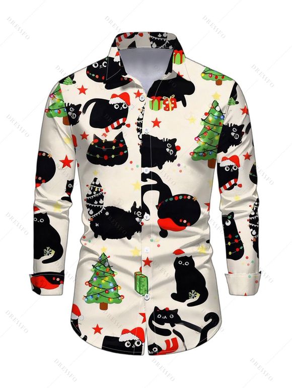 Christmas Couple Outfit Black Cat with Hat Christmas Tree Print Faux Fur A Line Dress and Long Sleeve Shirt Holiday Set - Beige S | US 4
