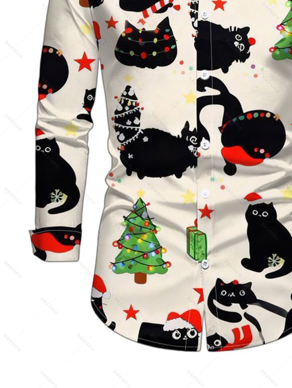 Christmas Couple Outfit Black Cat with Hat Christmas Tree Print Faux Fur A Line Dress and Long Sleeve Shirt Holiday Set - Beige S | US 4