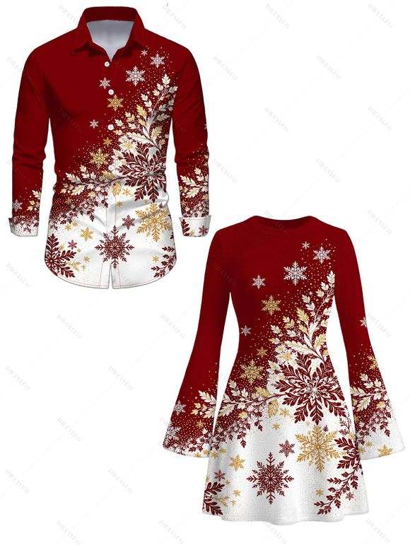 Christmas Couple Outfit Ombre Snowflake Print Bell Sleeve A Line Dress and Long Sleeve Shirt Holiday Set - Rouge Vineux S | US 4