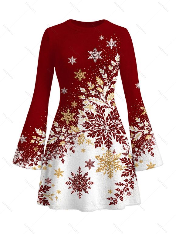 Christmas Couple Outfit Ombre Snowflake Print Bell Sleeve A Line Dress and Long Sleeve Shirt Holiday Set - Rouge Vineux S | US 4