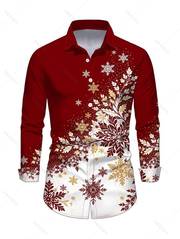 Christmas Couple Outfit Ombre Snowflake Print Bell Sleeve A Line Dress and Long Sleeve Shirt Holiday Set - Rouge Vineux S | US 4